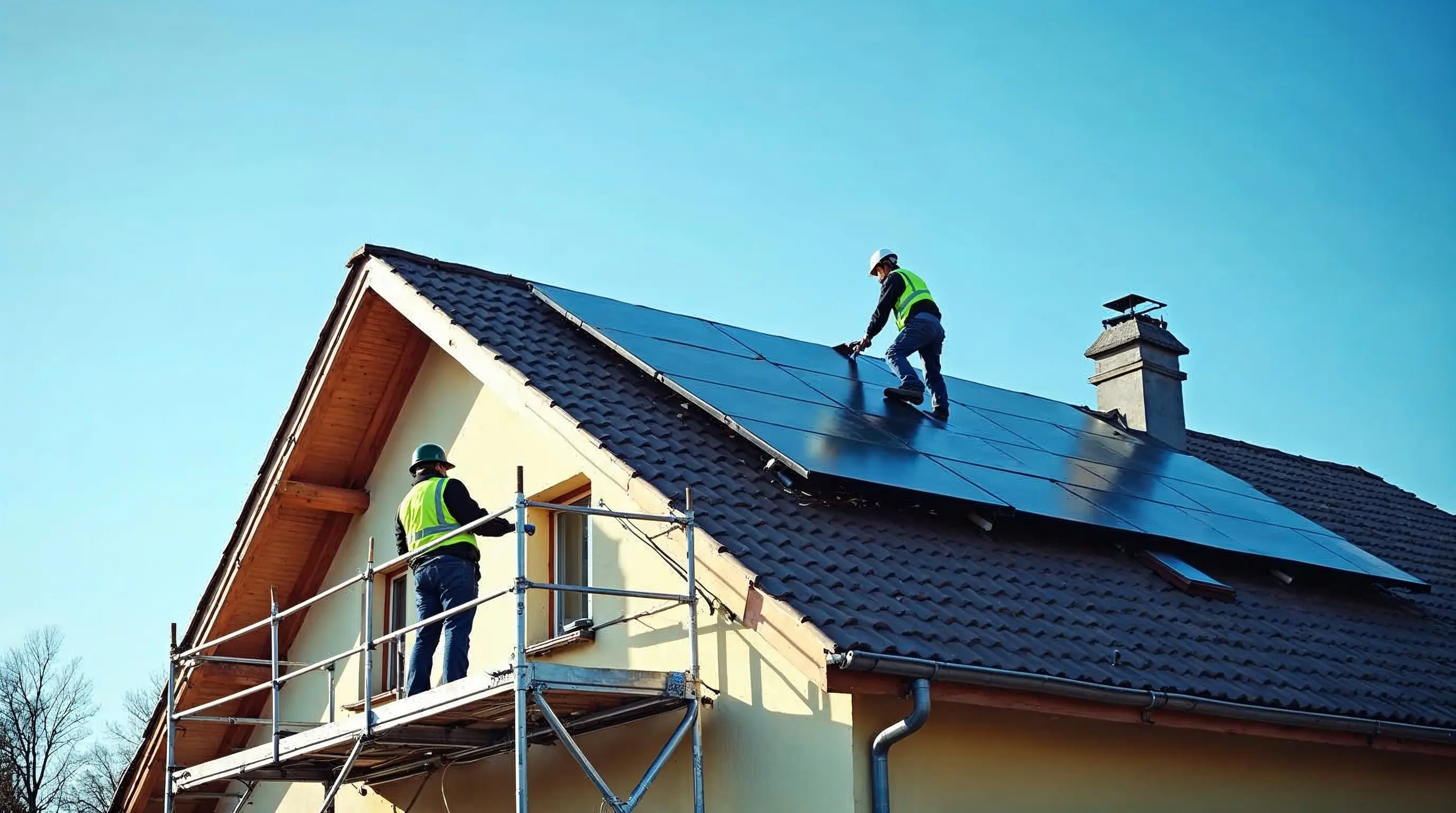 Gerüstbau für Photovoltaik-Montage auf einem Hausdach